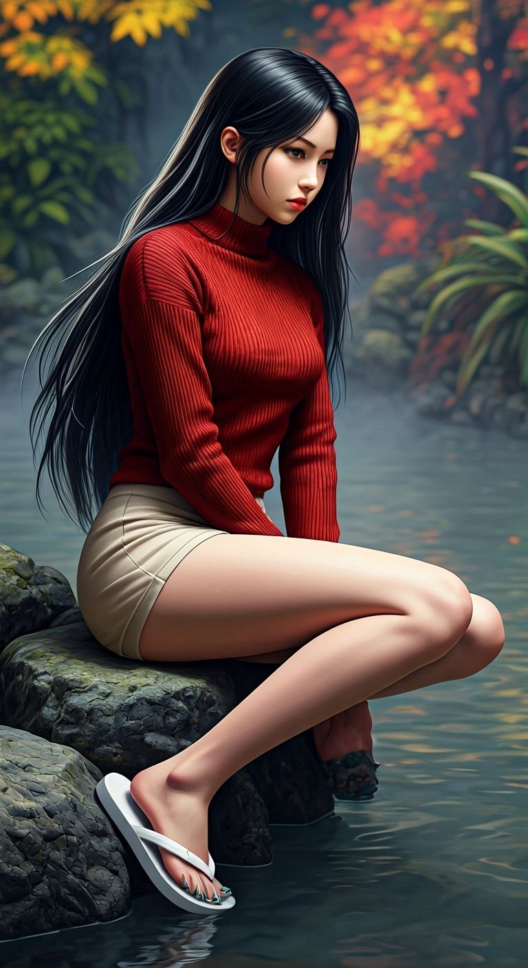Asian Woman in Hot Spring, Hyperrealistic Style