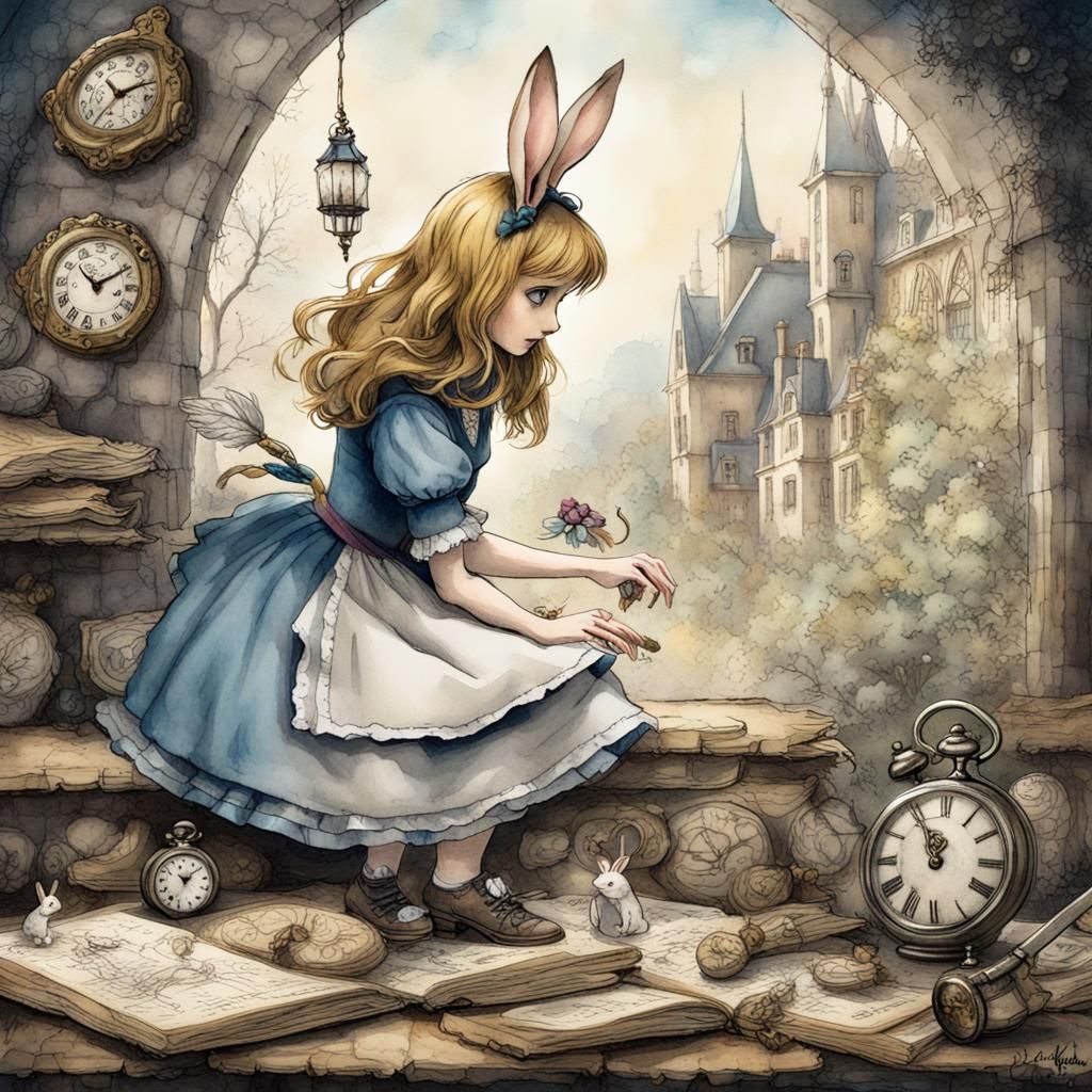 Alice in Wonderland Watercolor Painting with White Rabbit