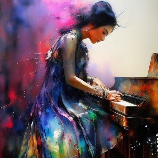 Girl Playing Piano: Alcohol Ink Art Nouveau