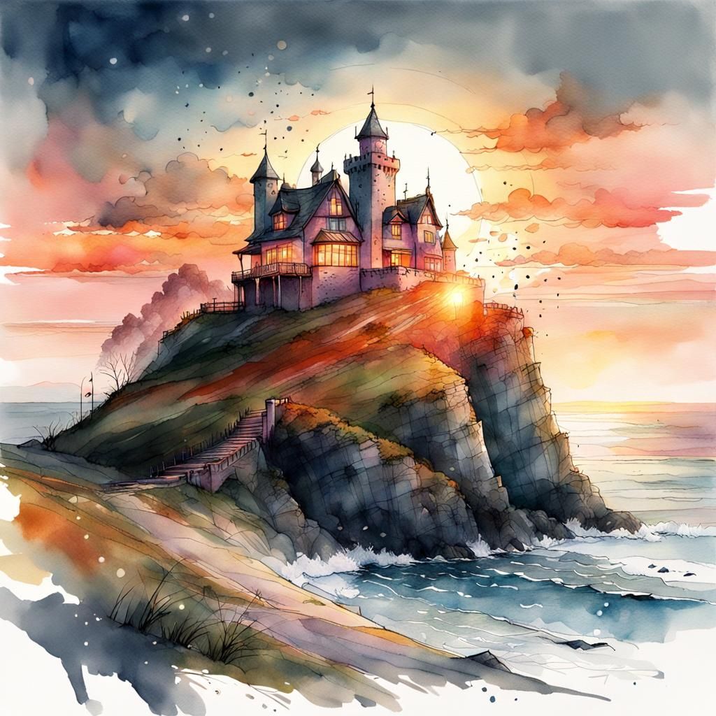 Castle on Windswept Hill at Sunrise, Watercolor Illustration