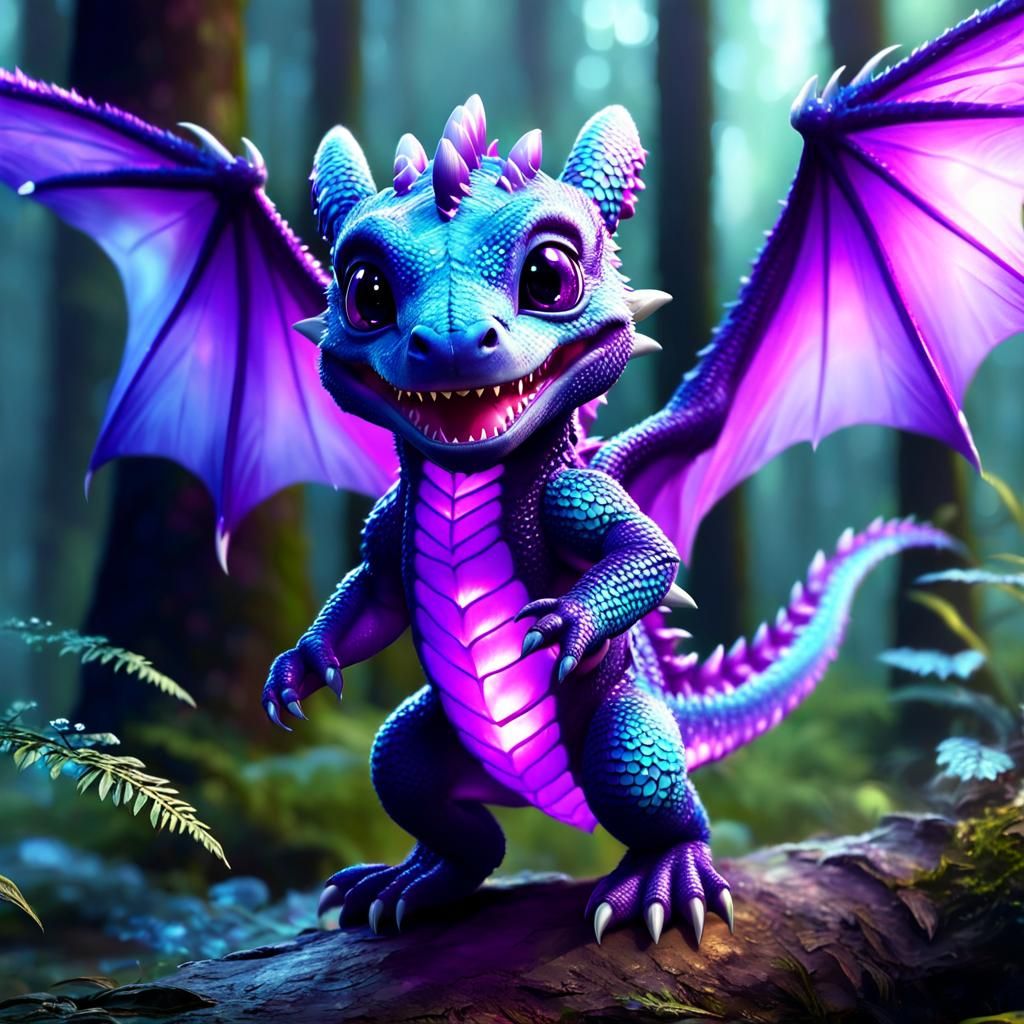 Adorable Purple Baby Dragon in Magical Forest