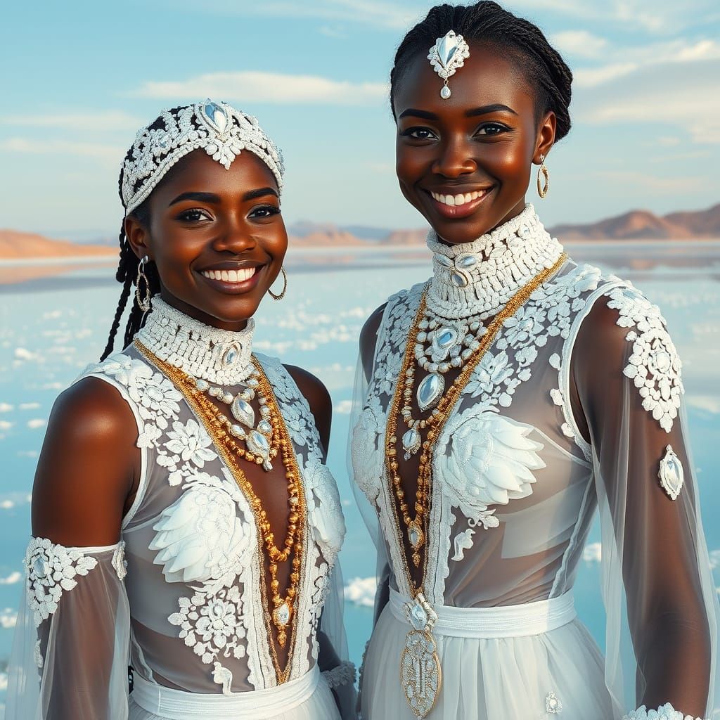 Smiling Women in Crystalline Desert Landscape