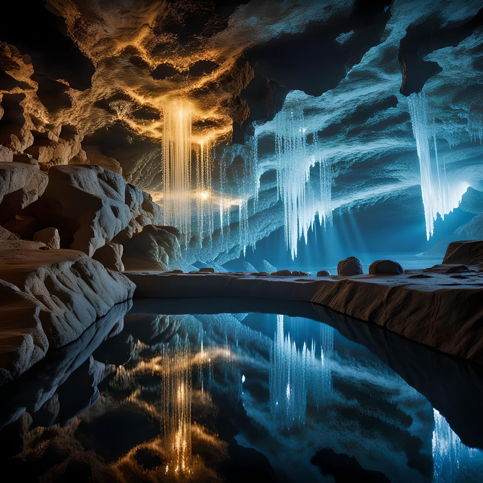 Sparkling Crystal Cave Reflecting Pool in Light Beam
