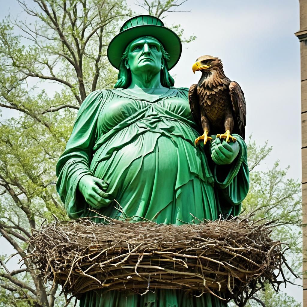 Eagle Nesting Atop Overweight Statue of Liberty