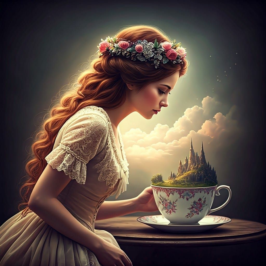 Fantasy Teacup Horizon: Ethereal Hyperdetailed Scene