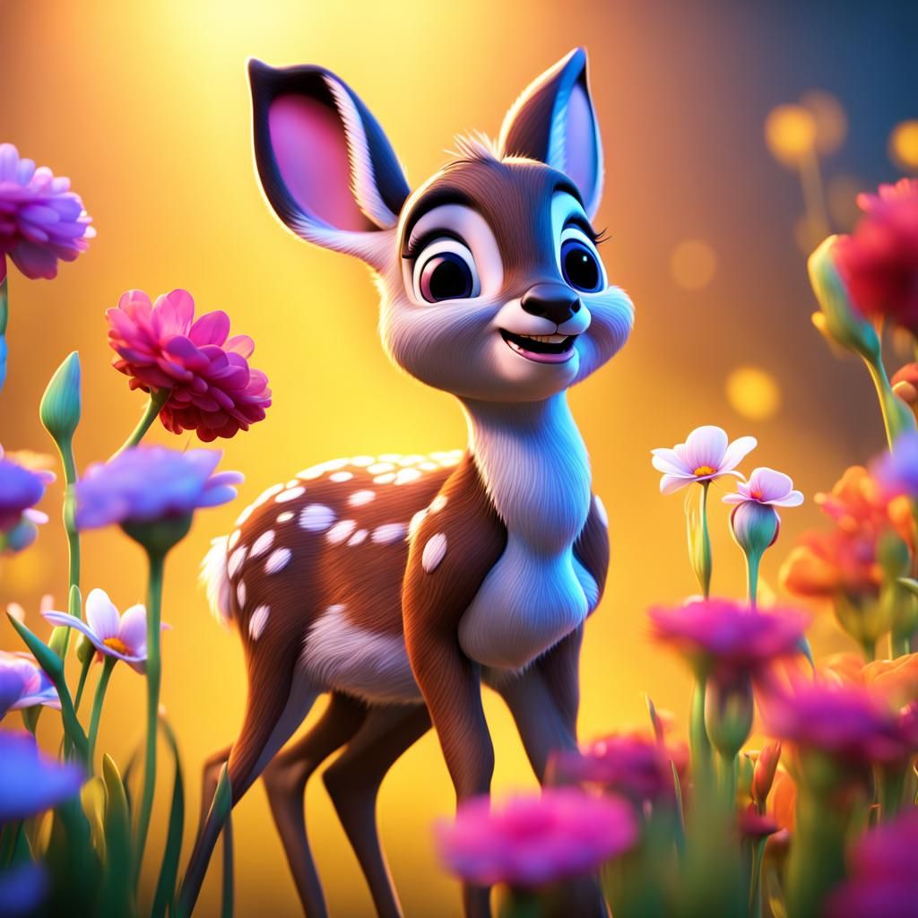 Bambi, Thumper, and Flower in 3D Digital Art