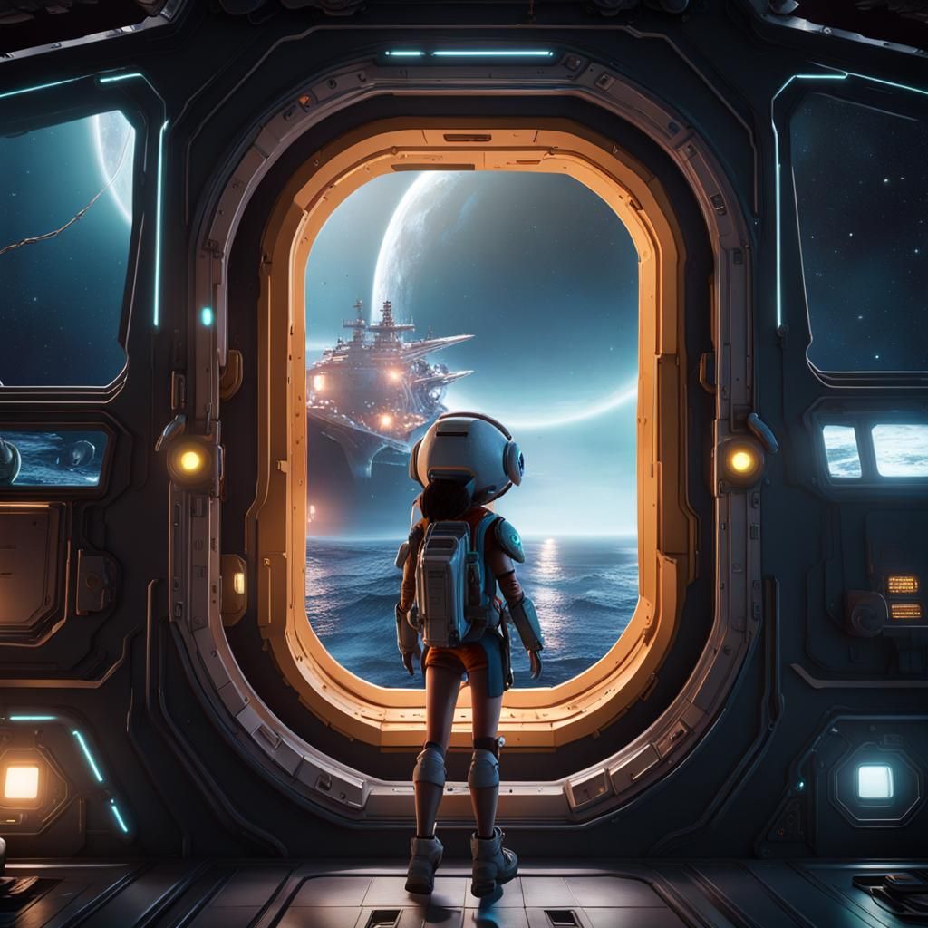 Girl and Alien Cuttlefish Stargazing in Space
