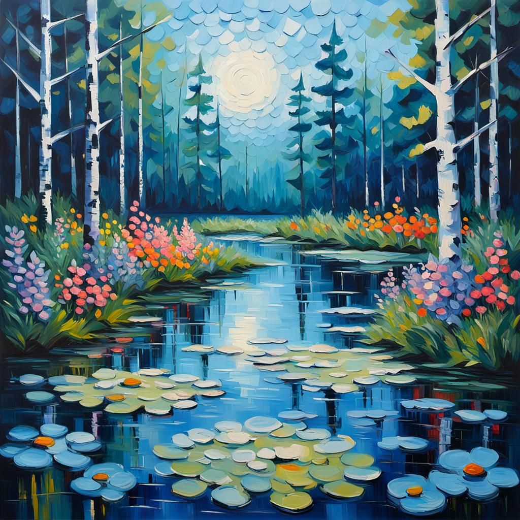 Enchanted Forest at Blue Hour as Impasto Painting