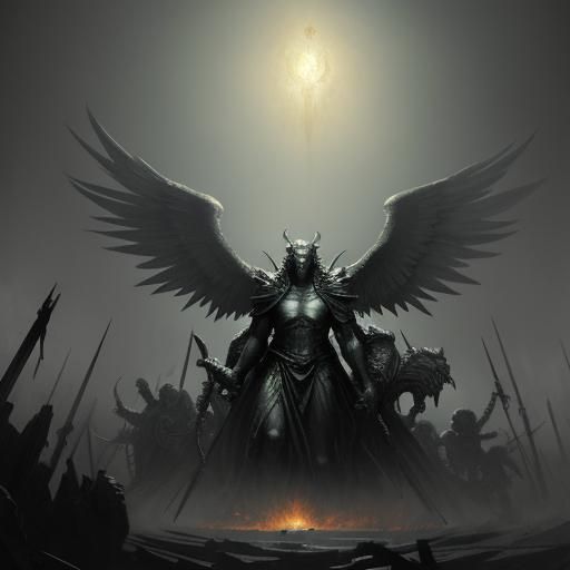 Epic Battle of Gods and Demons in Doré Style