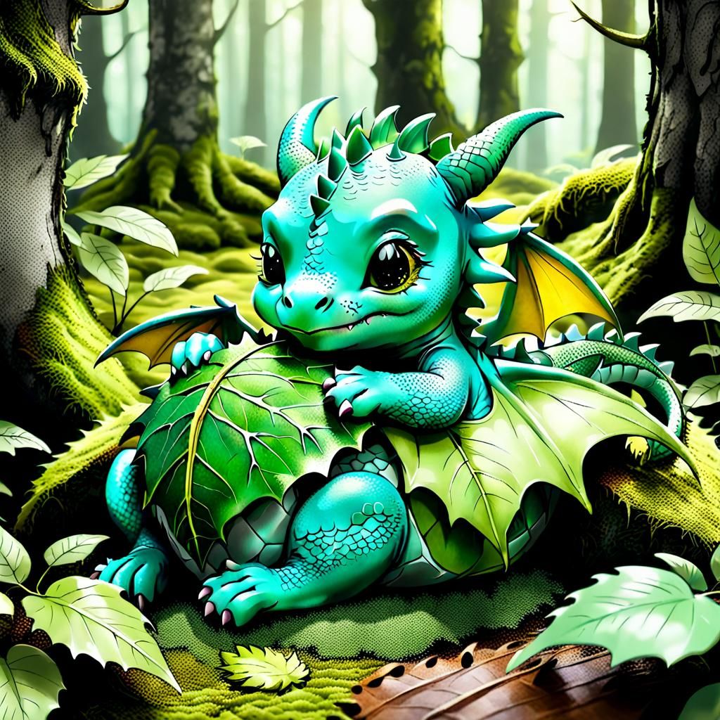 Sleeping Baby Dragon Protected by Forest Creatures