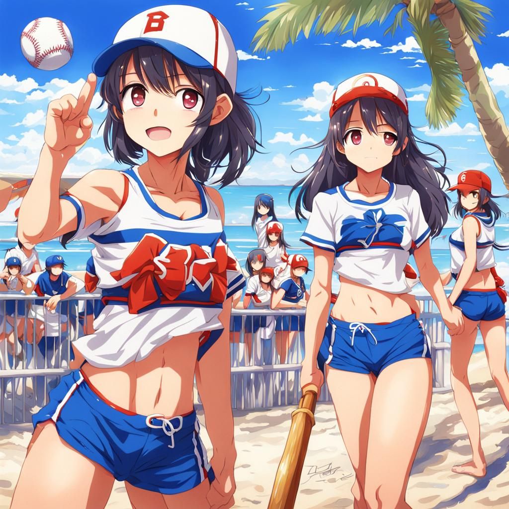 Anime Girls Play Beach Baseball in Manga Style