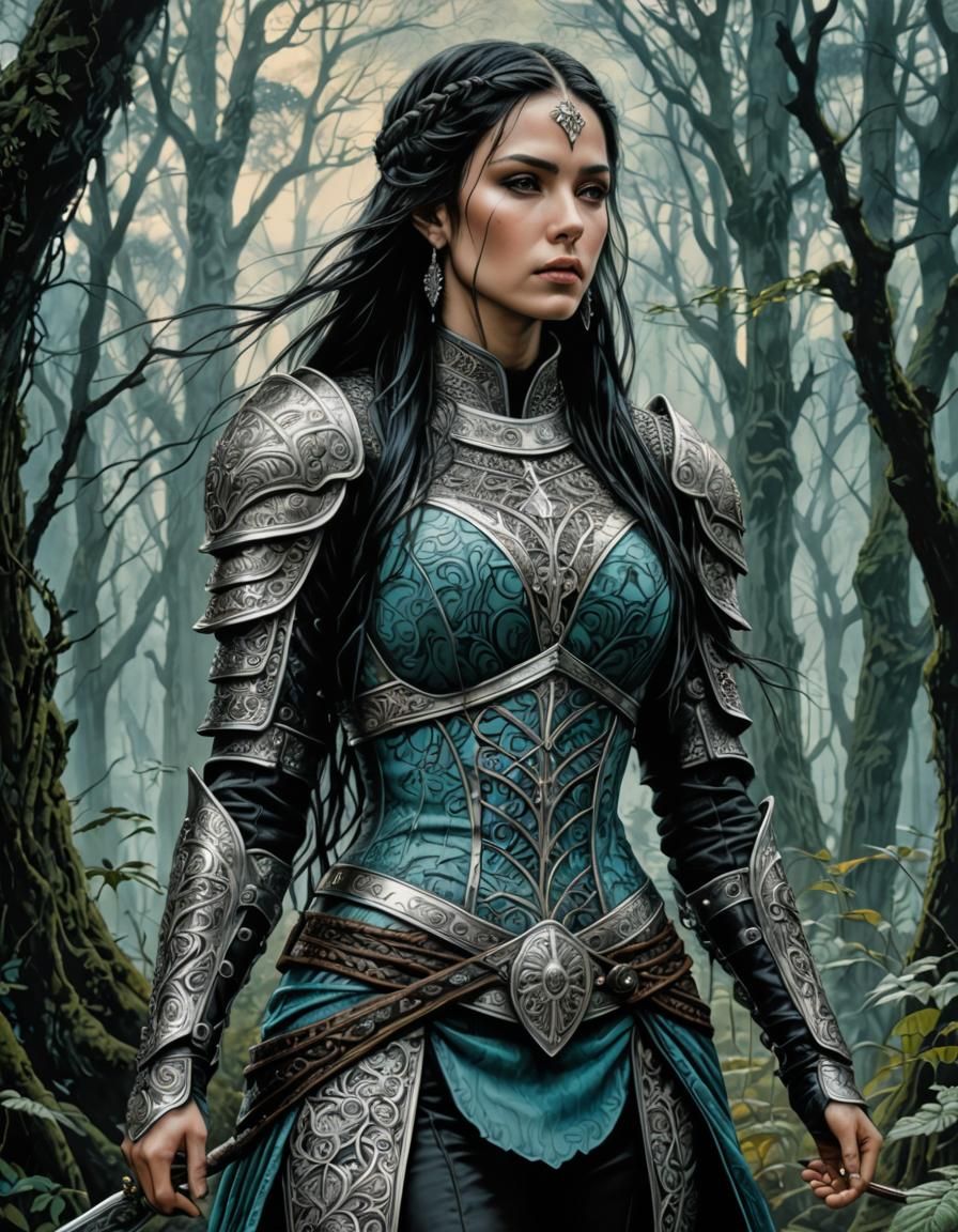 Female Warrior in Gothic Armor, Detailed Ink Drawing