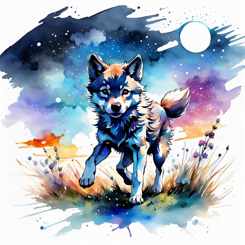 Chibi Wolf Runs Through Meadow at Night