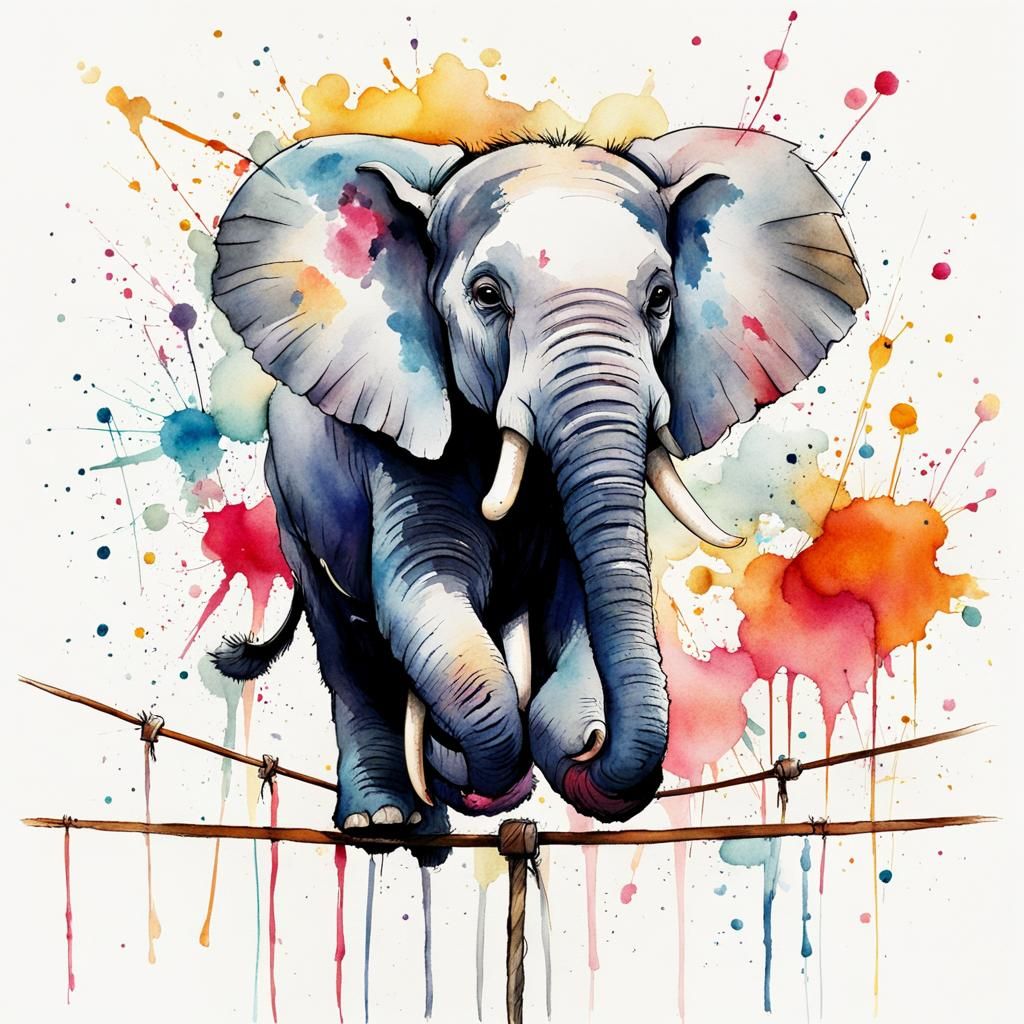 Adorable Elephant Balances on Tightrope in Watercolor