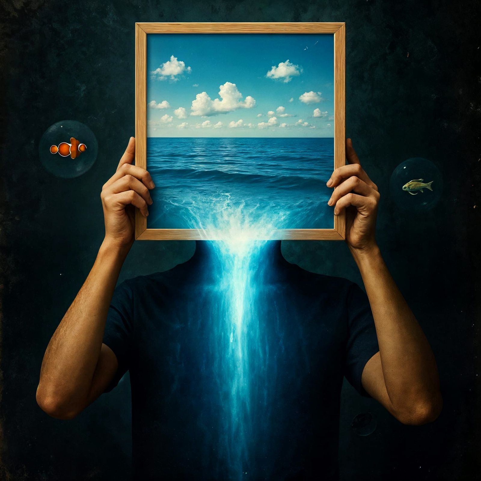 Surreal Double Exposure: Ocean Light Waterfall