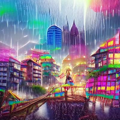 Anime-Style Cityscape with Colorful Lights in Rain