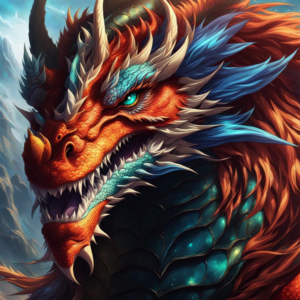 Detailed Dragon with Long Hair in Fantasy Art Style