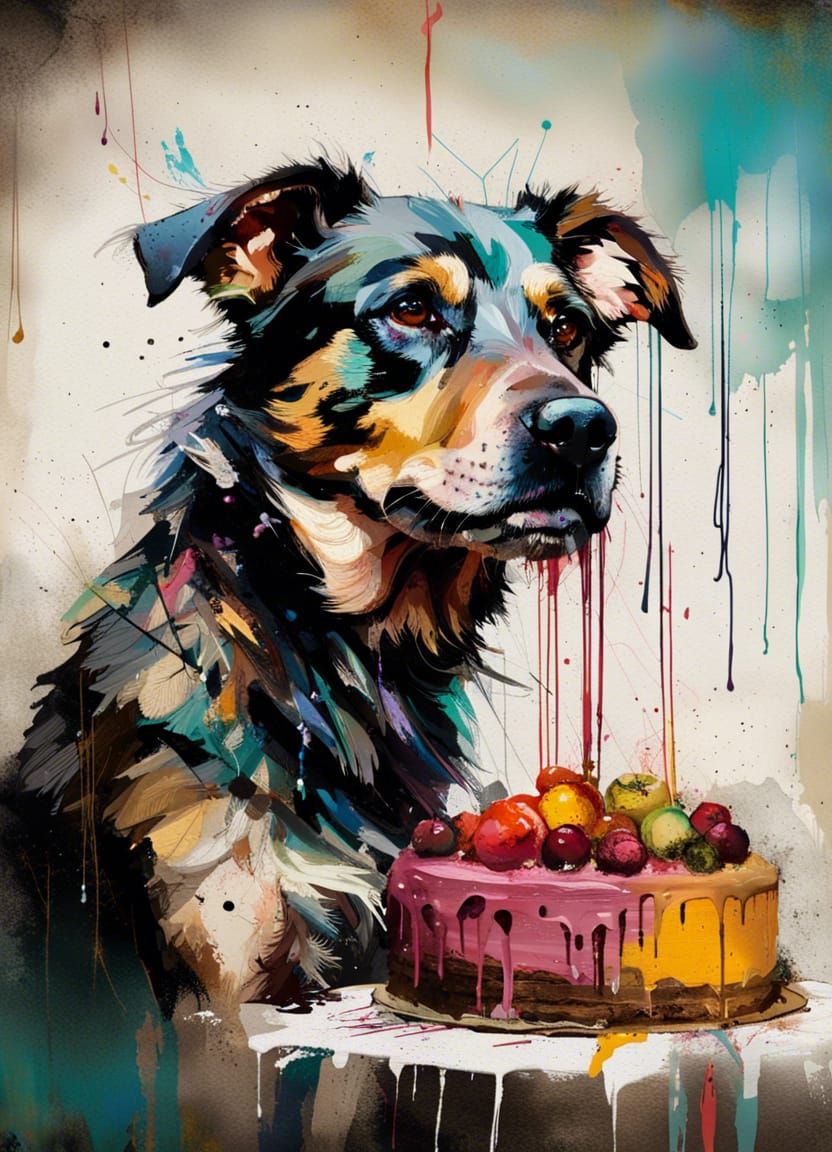 Dog Enjoying Cake as Splatter Oil Impasto Painting