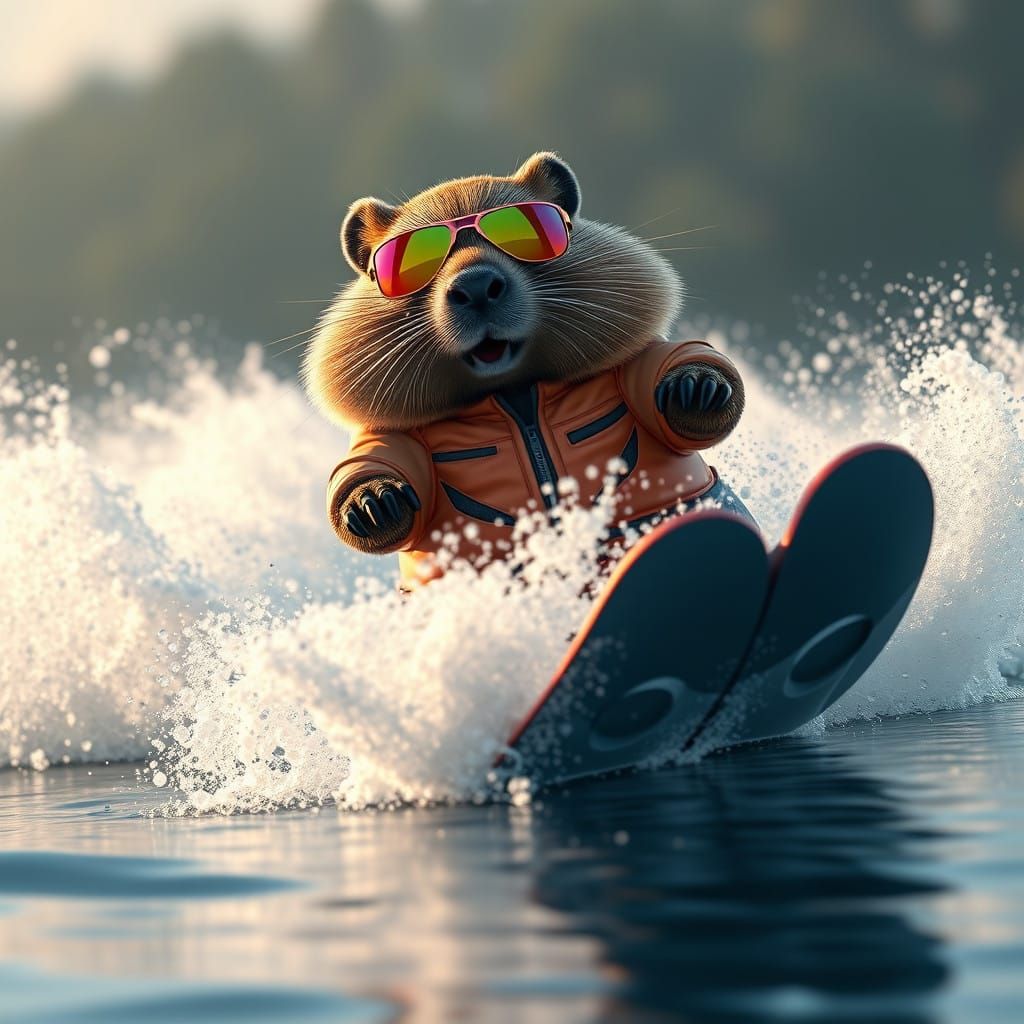 Beaver Water Skier in Neon Sunglasses Making a Sharp Turn wi...