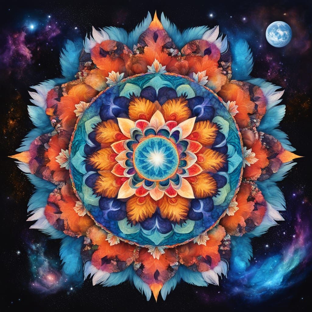Vivid Feather Mandala in Outer Space