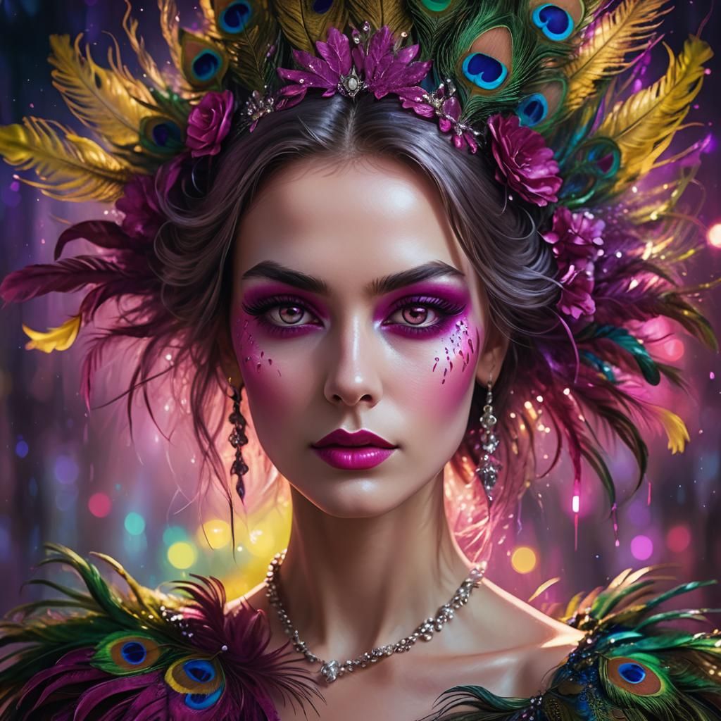 Peacock Haired Woman: Fantasy Portrait in Vibrant Oil Painti...
