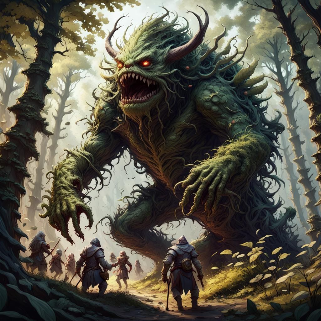 Magical Plant Monster Battle in Dark Fantasy Style