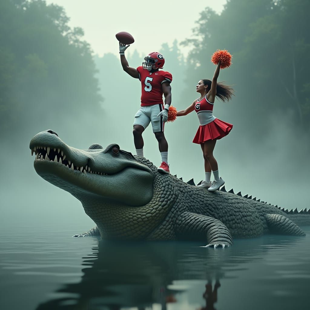 Triumphant Georgia Athlete on Alligator, Digital Art