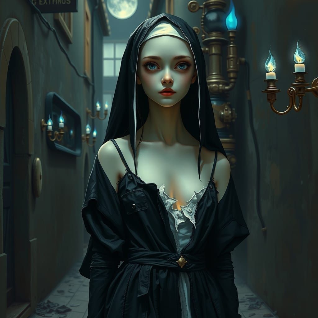 Gothic, female in the likeness of a Nun in the moonlight pro...