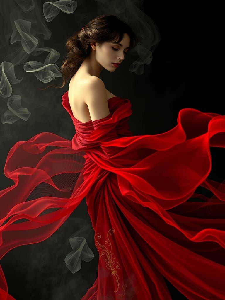 Ethereal Smoke Lady in Flowing Red Gown