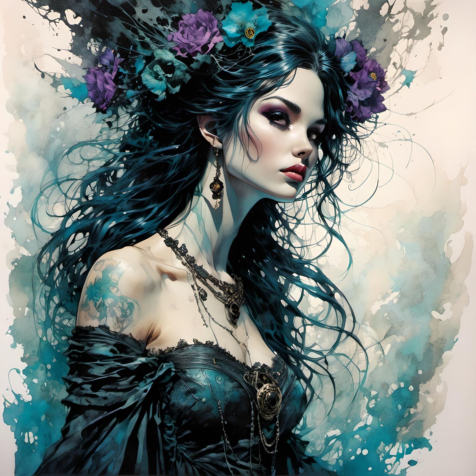 <lora:Spectral:1.0> watercolor pen and alcohol ink illustration of full body goth retro gothabilly pinup model, ((floral...