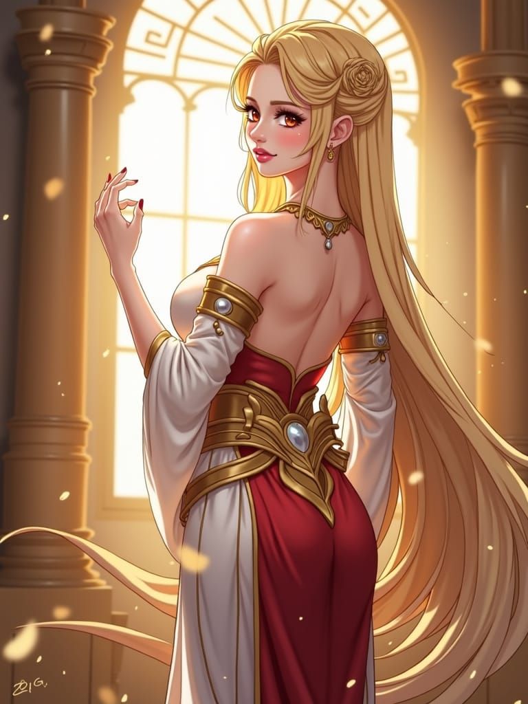 Anime Goddess with Elegant White Robes and Cascading Blonde ...