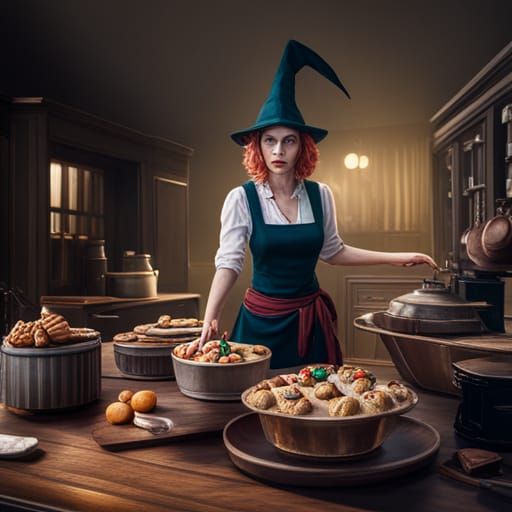Detailed Witch in Kitchen with Muffins