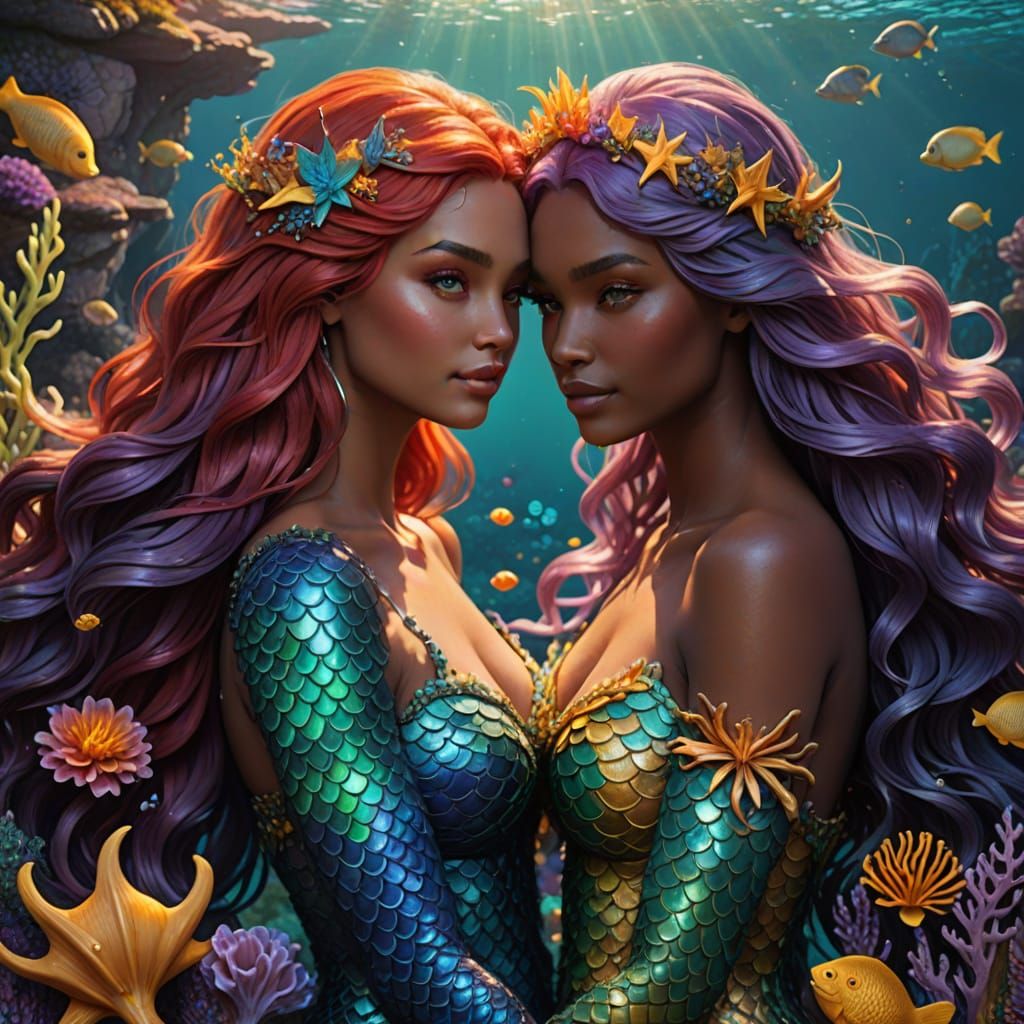 Vibrant Mermaid and Merman in Star-Shaped Mandala with Sea F...