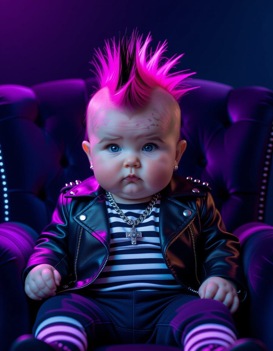 Goth Baby in Leather Jacket on Plush Armchair