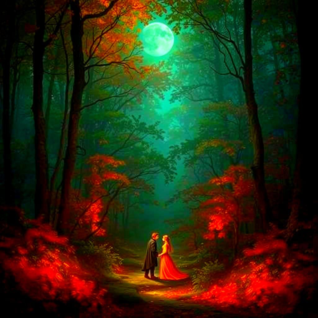 Lovers Meeting Under Autumn Moon, Fantasy Art