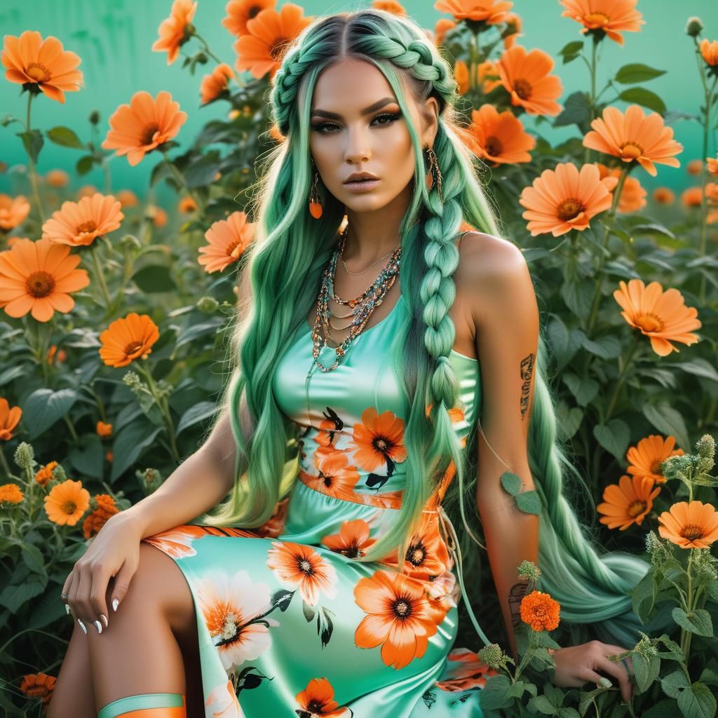 Fashion Model in Orange Flower Field at Sunset