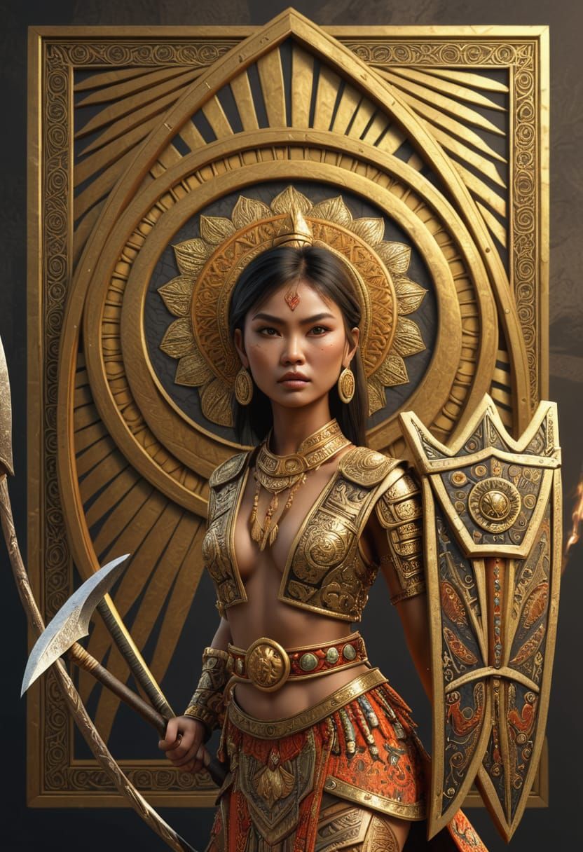 Southeast Asian Tribal Warrior Goddess in Golden Light
