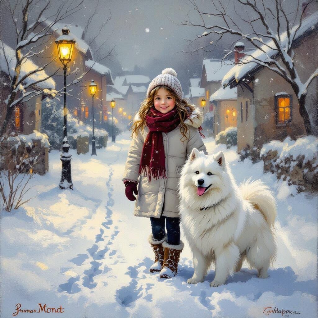 Impressionist Winter Scene: Girl and Dog in Snowy Italy