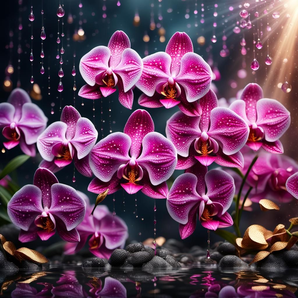 Golden Floral Arrangement with Dew Drops