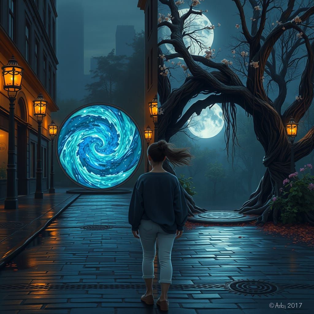 Woman at Portal Crossroads in Digital Painting Style