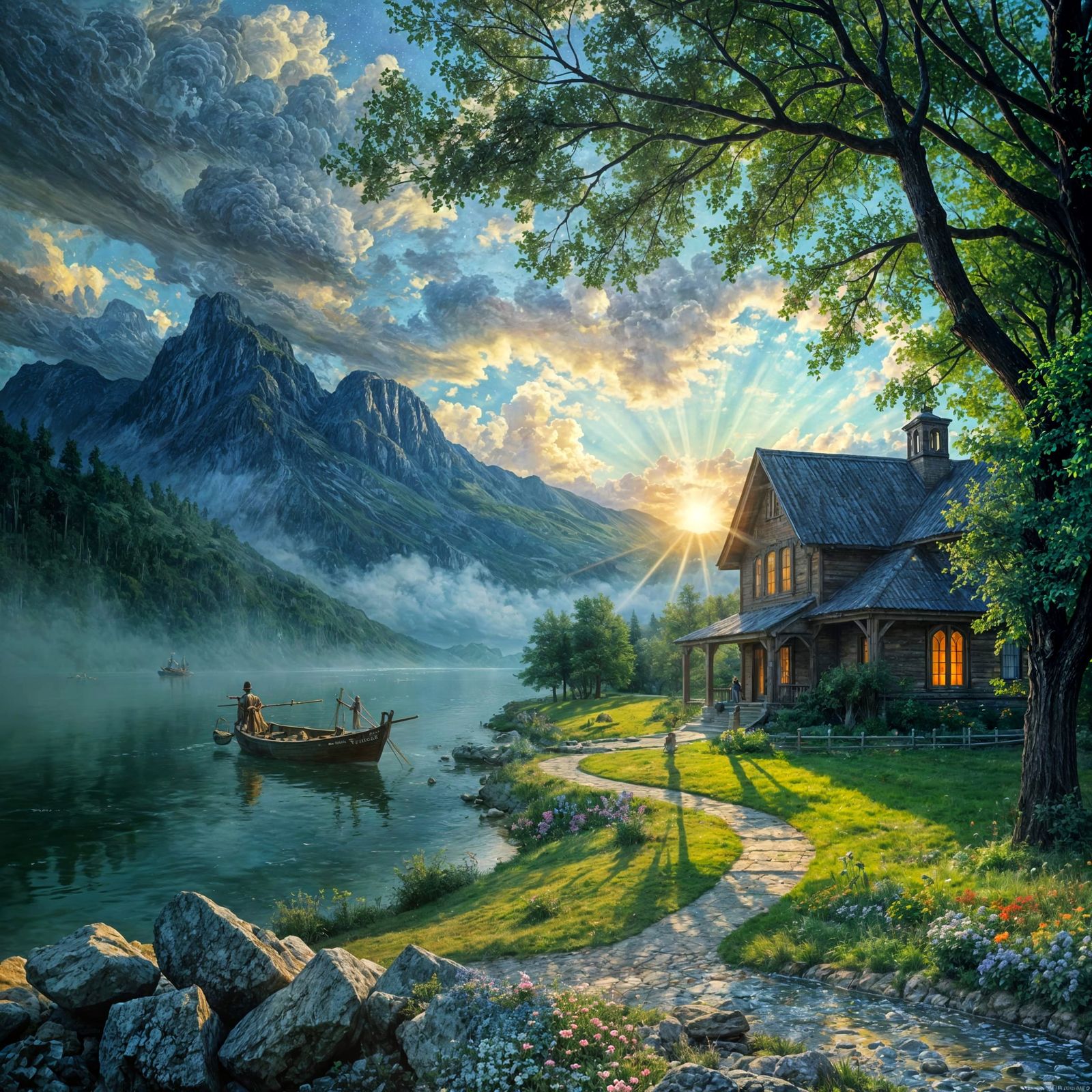 Heavenly Cabin Landscape in Kinkade & Van Gogh Style