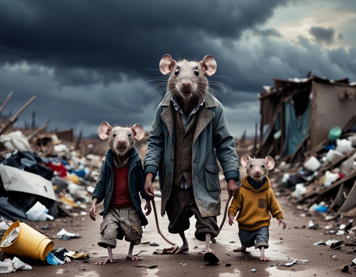 Sad Anthropomorphic Rat Family in Wasteland