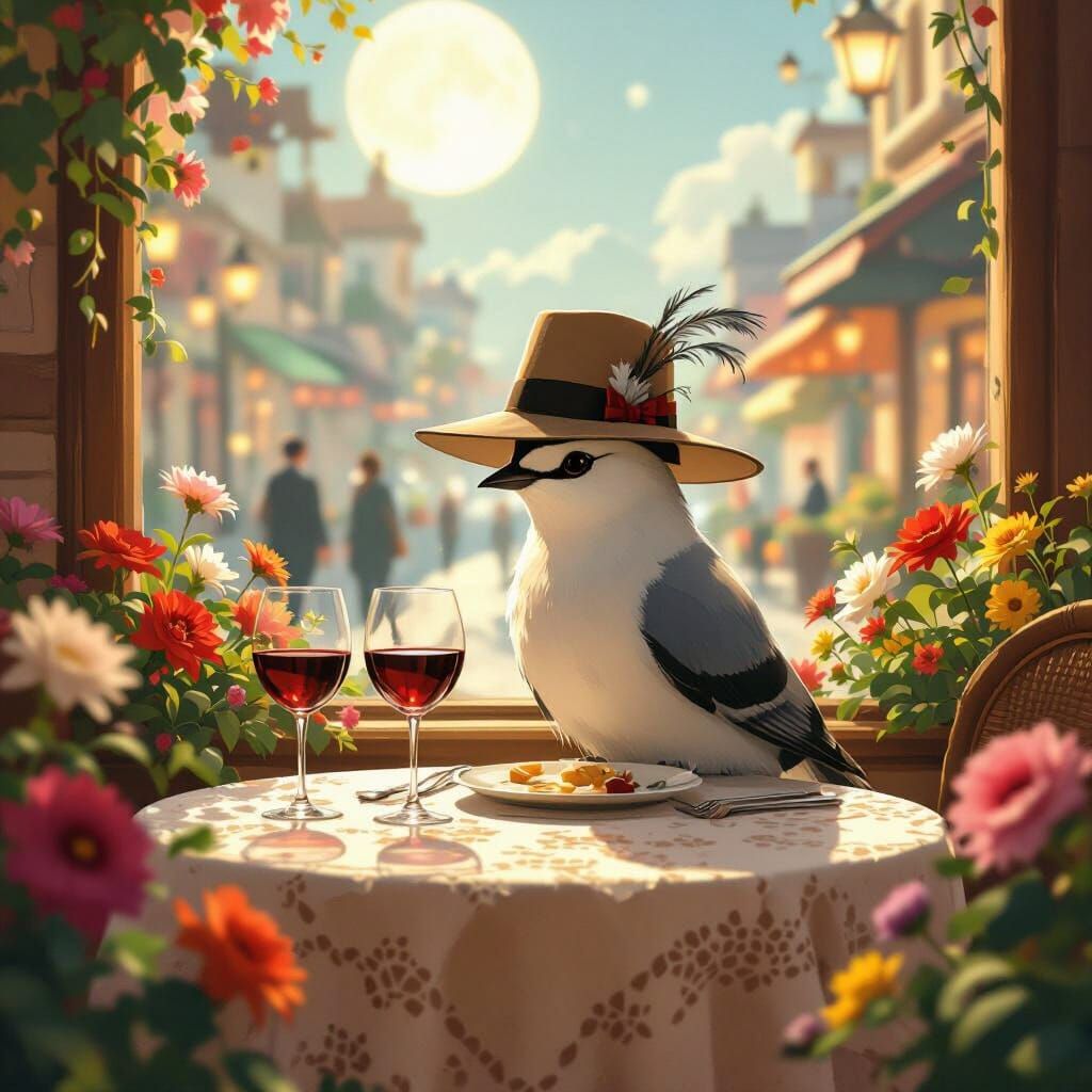 Bird in Elegant Hat at Restaurant, Cinematic Lighting