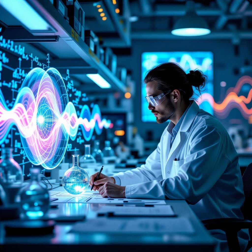 Physicist Comparing Wave Dimensions in Futuristic Lab