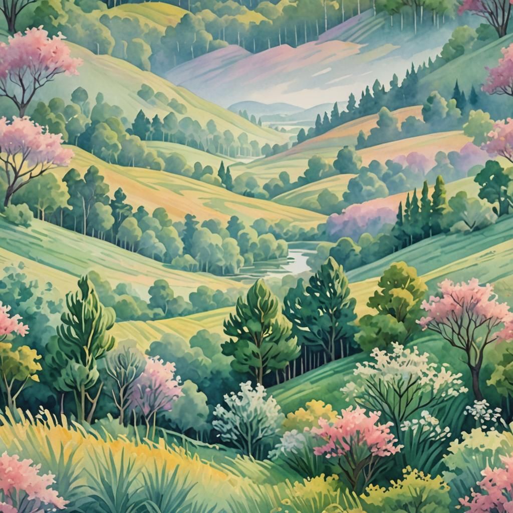 A soft, dreamlike illustration of a kirigami-inspired landsc...