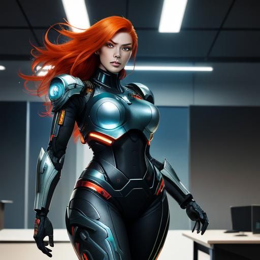 Futuristic Ginger Cyborg in Office: Hyperrealistic Splash Ar...