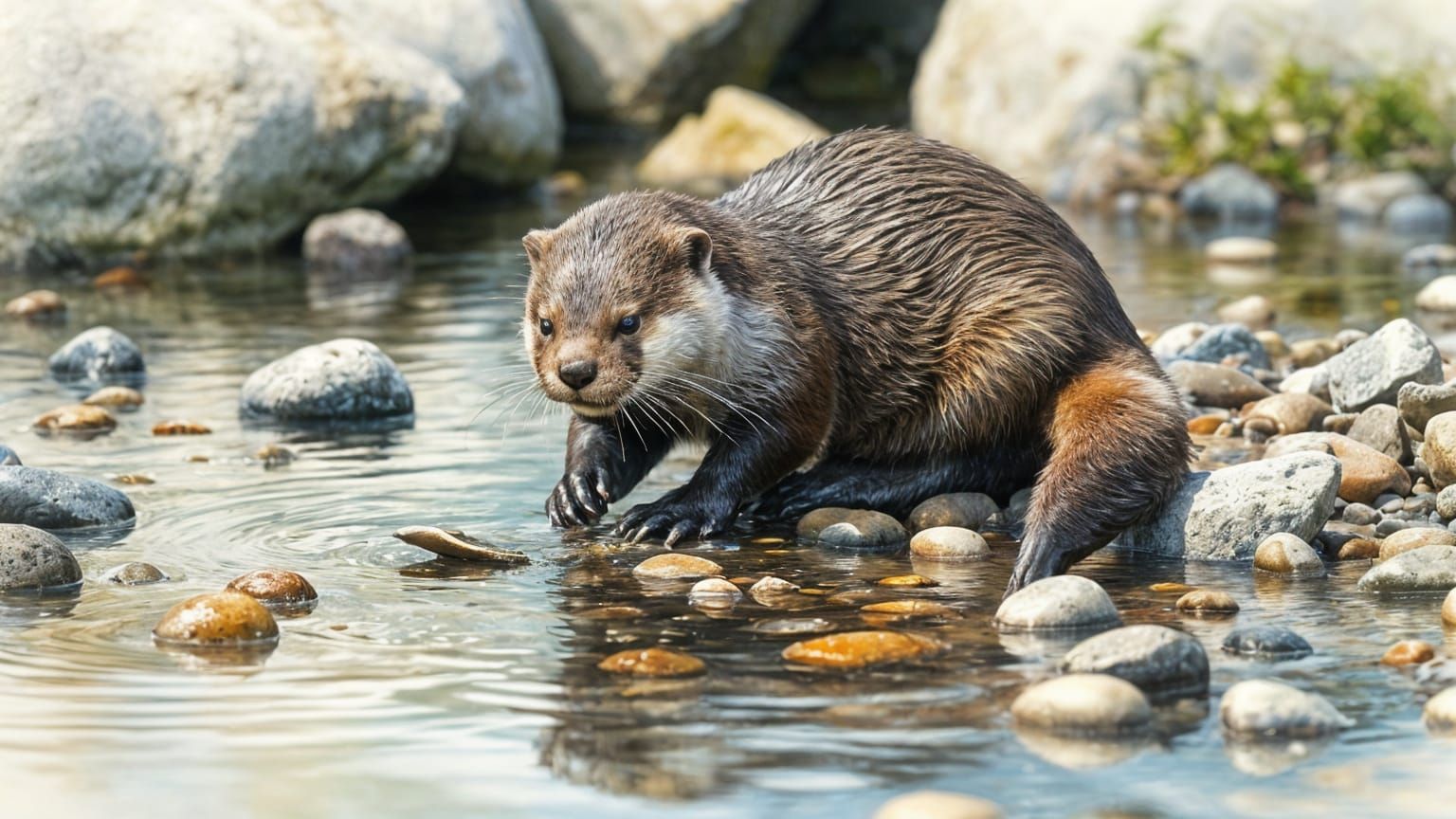 Otter Playing with Pebbles in Watercolor Painting