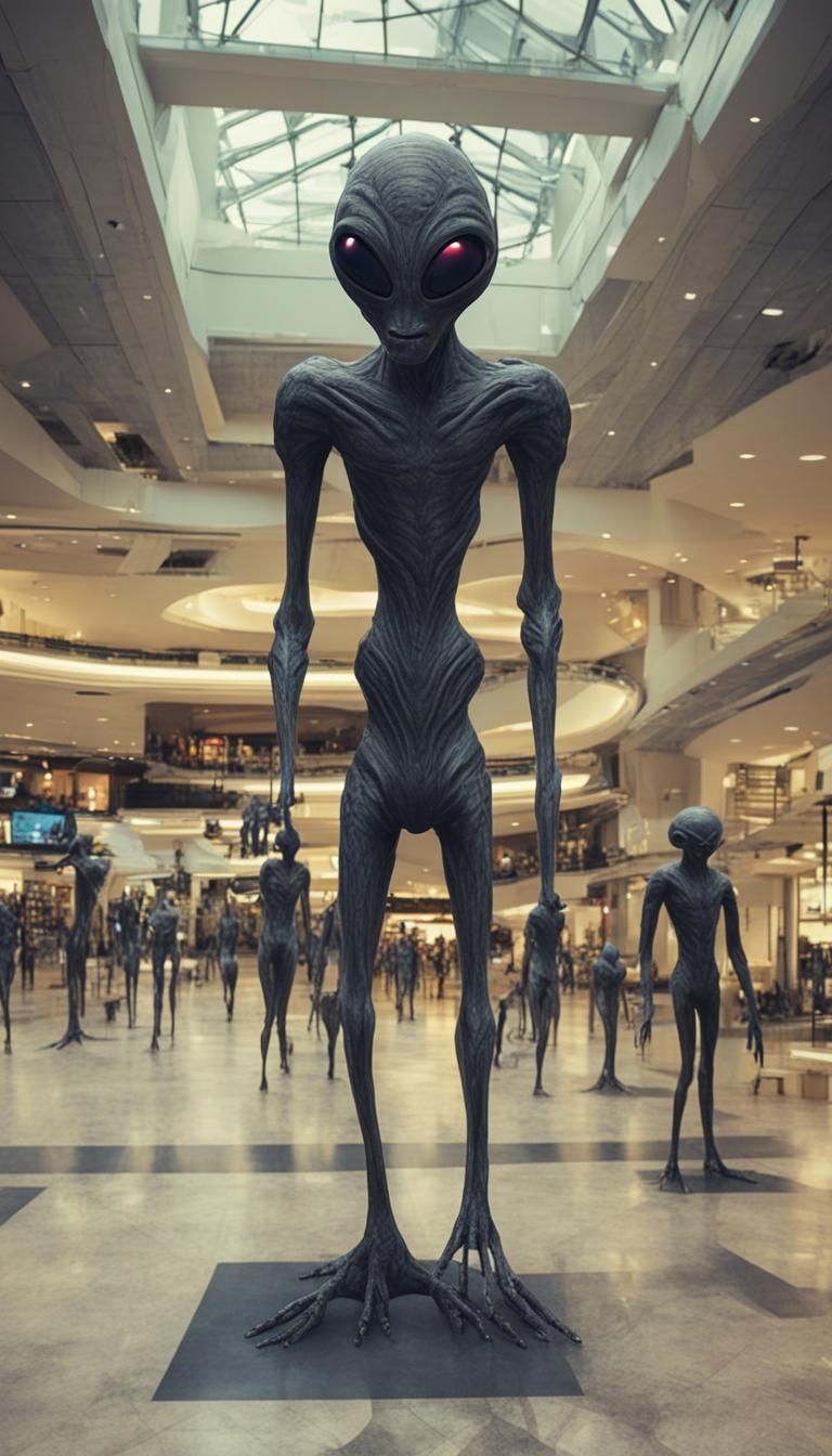 3 Tall alien creature walking in the the city mall,mobile ph...