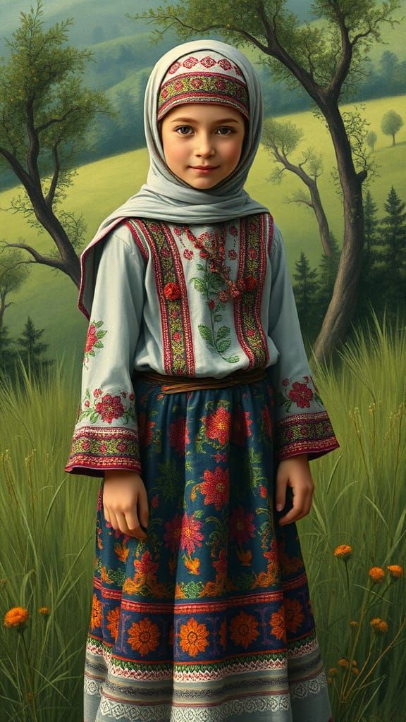 Village Girl in Lush Landscape, Decorative Art Style