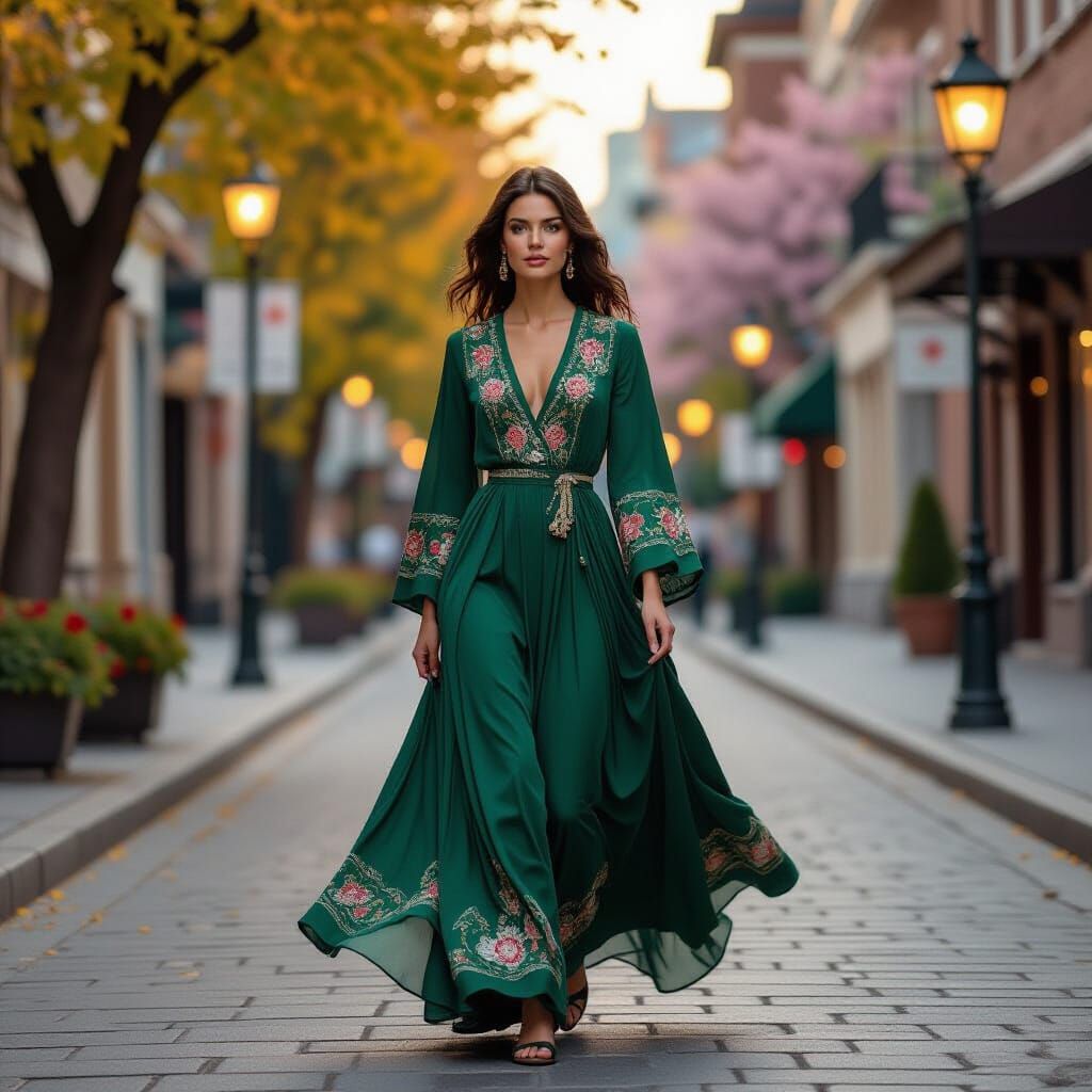 Elegant Woman in Nature-Inspired Dress at Dusk